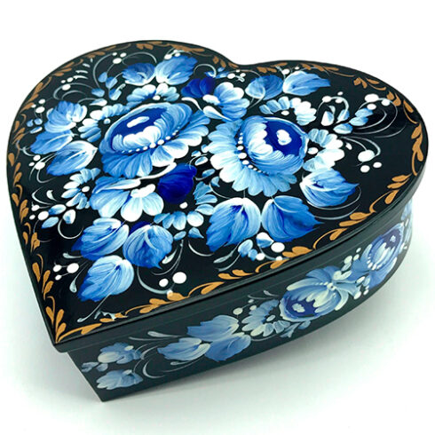 Heart-shaped lacquer box for jewelry and trinkets blue and white hand-painted