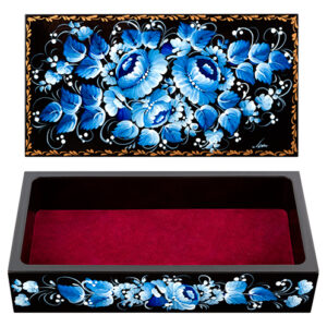 Wooden Rectangular Hand Painted Jewelry Box Blue and White