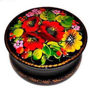 Hand Painted Round Trinket Box for Jewelry with Petrykivka Painting Red and Yellow