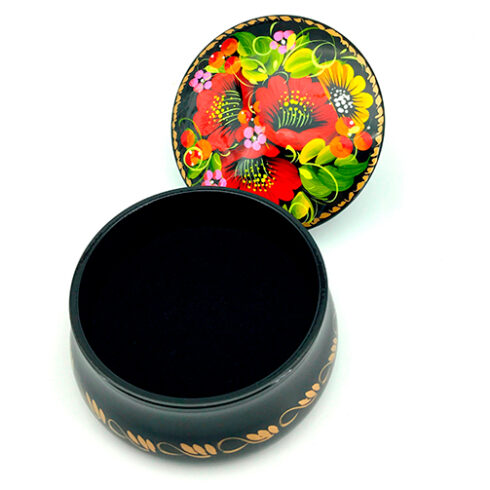 Round jewelry box hand painted and lacquered with opened lid