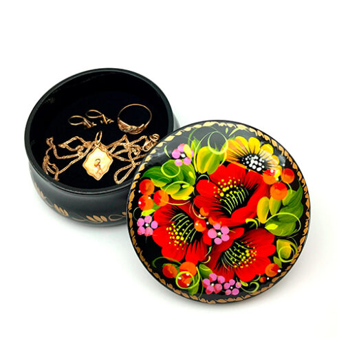 Round jewelry box hand painted and lacquered with opened lid