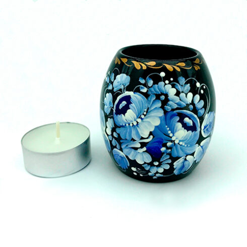 Wooden tealight candle holder hand painted and lacquered blue and white