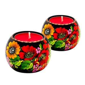 Wooden Tea Light Candle Holder Set of 2 Red and Yellow Flowers on Black