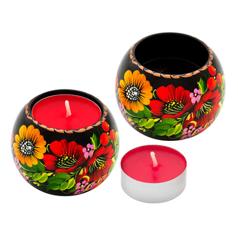 Wooden Tea Light Candle Holder Set of 2 Red and Yellow Flowers with candle