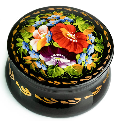 Round decorative box with floral painting