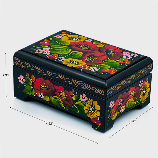 Lacquer box with hinged lid red and yellow flowers