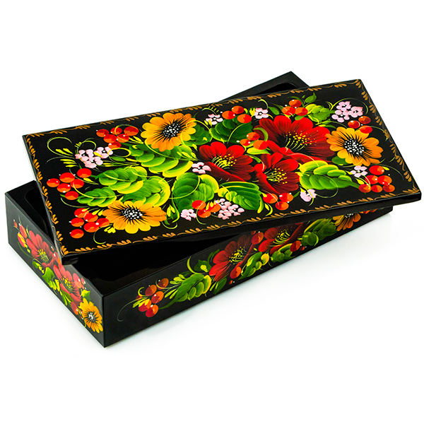 Rectangular wooden box with hand painted flowers on black